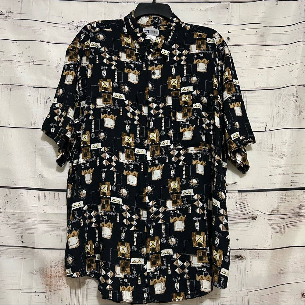United | Vintage Men's Abstract Design Black & Brown Short Sleeve Button Size XL
